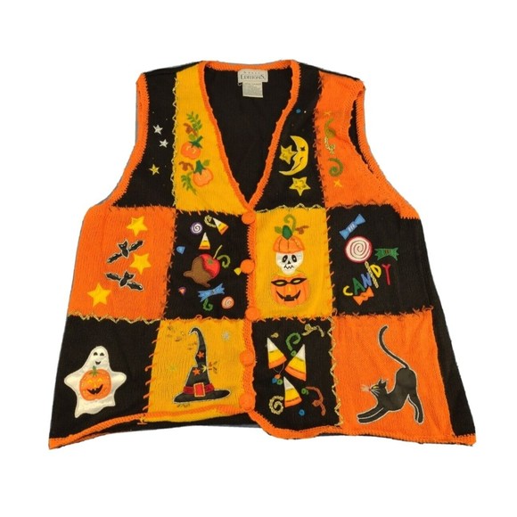 Basic Editions Sweaters - Vintage Large Halloween Sweater Vest Women Black Knitted Ladies Ghost Pumpkin